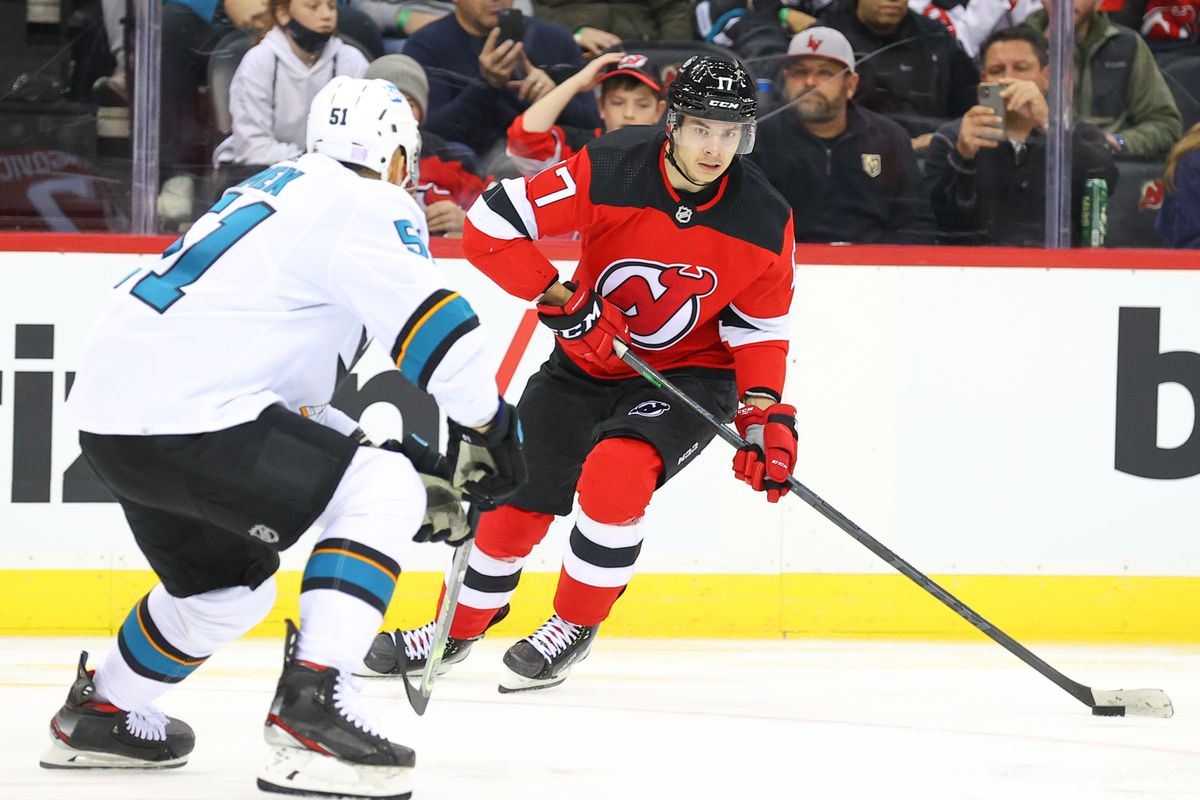 New Jersey Devils center Yegor Sharangovich (17) during the second period of the National Hockey Legue game between New Jersey Devils nd the San Jose Sharks on November 30, 2021 at the Prudential Center in Newark, NJ.