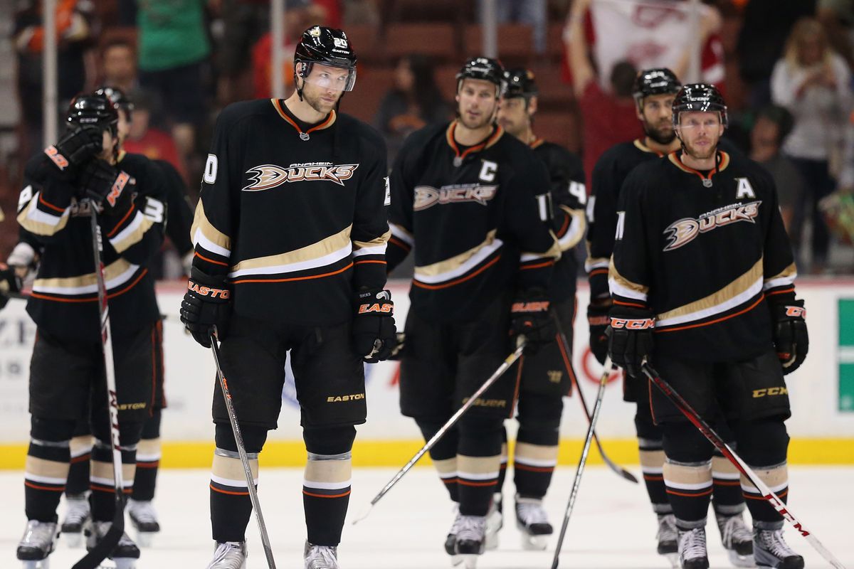 Ducks hang their heads following their teams 3-2 loss to the Detroit Red Wings in Game Seven of the Western Conference Quarterfinals during the 2013 NHL Stanley Cup Playoffs. Photo credit