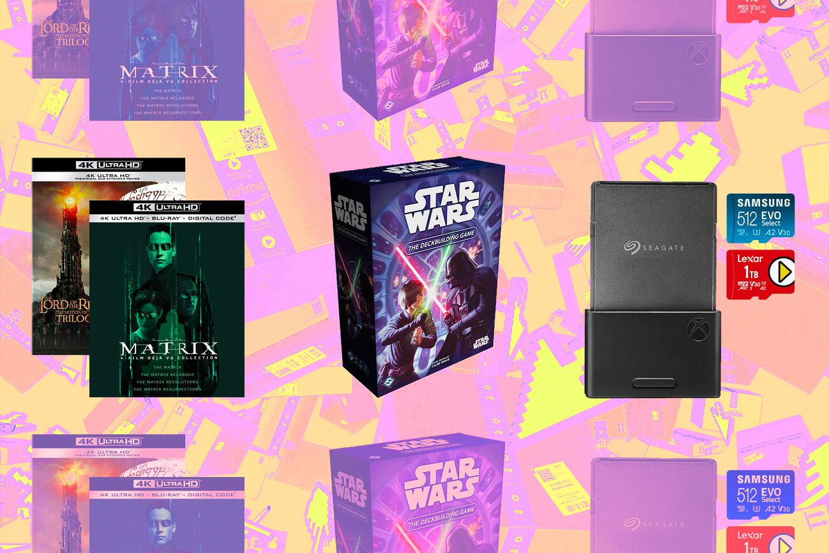 An image with assorted products arranged in a horizontal line. It includes 4K Blu-ray collections of The Matrix and The Lord of the Rings. It also features Star Wars: The Deckbuilding Game, and some storage accessories.
