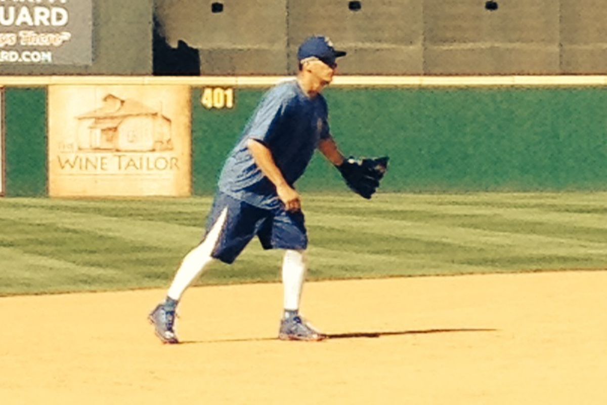 Alex Guerrero takes grounders at third base before Thursday night's Quakes game in Rancho Cucamonga.
