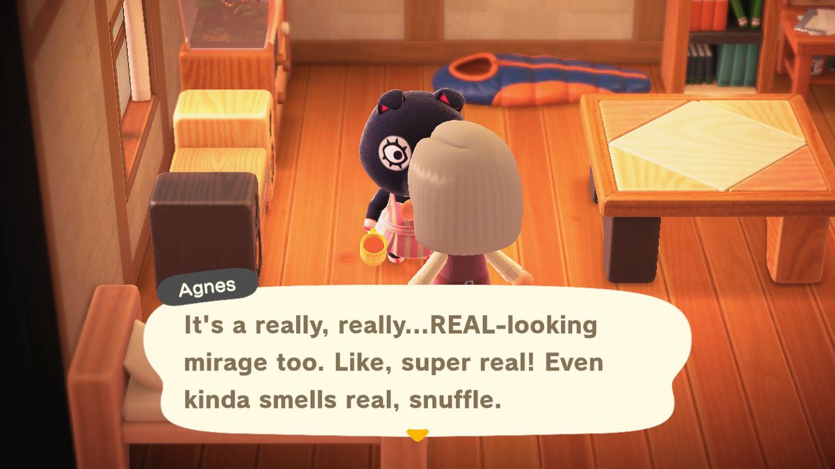 Agnes, a pig, says to the player character: “&nbsp;It’s a really, really… REAL-looking mirage too. Like, super real! Even kinda smells real, snuffle.”