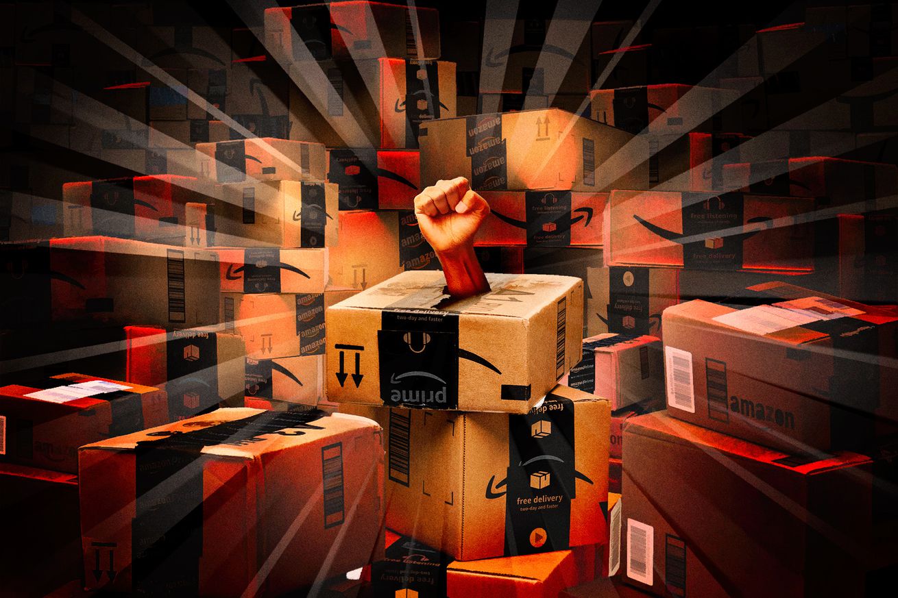 Union fist breaking out of an Amazon box, surrounded by other amazon boxes.