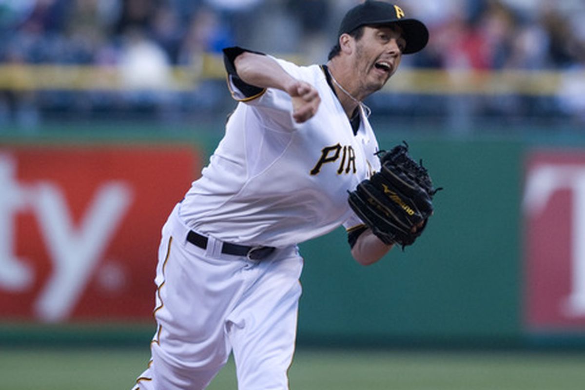 April 7, 2012; Pittsburgh, PA, USA: Pittsburgh Pirates pitcher Jeff Karstens (27) delivers a pitch to during the first inning against the Philadelphia Phillies at PNC Park. Mandatory credit: Vincent Pugliese- US PRESSWIRE