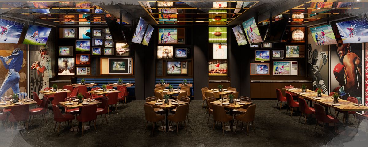 Rendering of private dining rooms at Flanker Kitchen + Sports Bar.