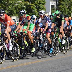 Cyclists take a lap through Main Street in Brigham City on Stage 2 of the Tour of Utah on Tuesday, Aug. 1, 2017.