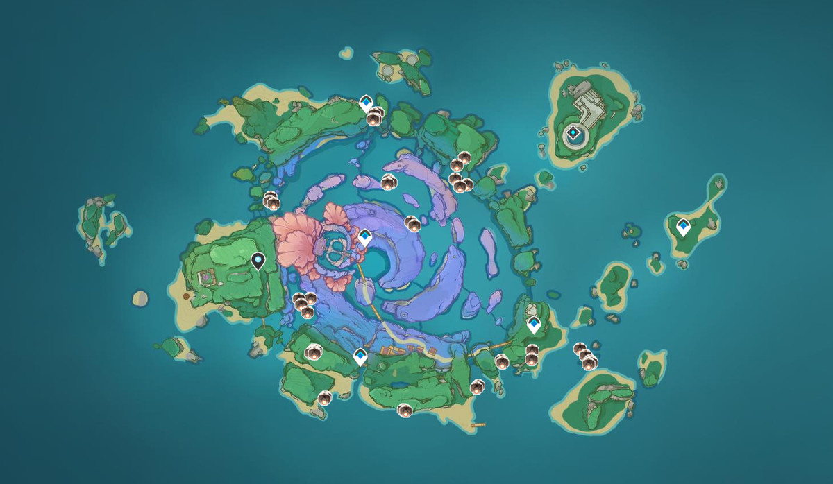 A map of Watatsumi Island in Genshin Impact, showing Geo Specters and where to find them