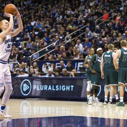 Brigham Young guard TJ Haws (30) shoots a free throw after Utah Valley was charged with a technical foul during an NCAA college basketball game in Provo on Saturday, Nov. 26, 2016. Utah Valley was 18 of 37 from beyond the arc en route to a 114-101 ousting of Brigham Young.