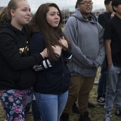 Jud Coyt and Katy Barragan, eighth-graders at Northwest Middle School in Salt Lake City, stand with their classmates on Wednesday, March 14, 2018, during a walkout honoring the 17 people killed in last month's mass shooting at Marjory Stoneman Douglas High School in Parkland, Florida. The 10 a.m. demonstration lasted 17 minutes, one minute for each of the victims killed at the high school.