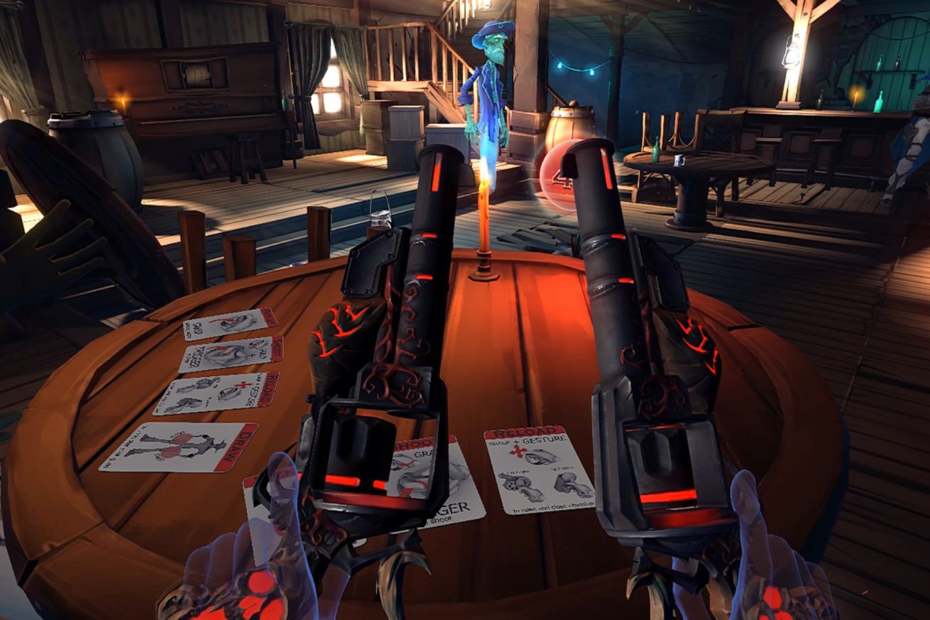  a pair of drawn demonic pistols above a card game in a saloon.