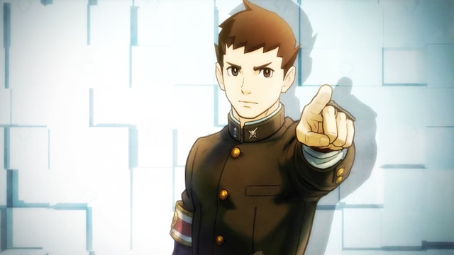 Ryunosuke Naruhodo, protagonist of The Great Ace Attorney Chronicles, points at someone off-screen