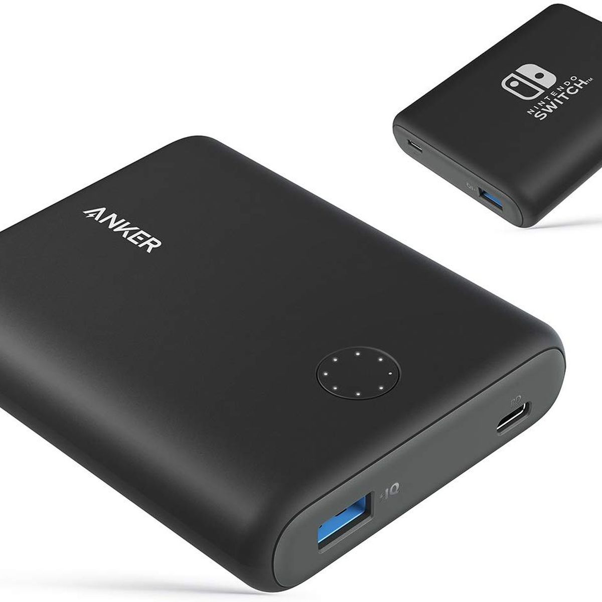 Product shot of Anker’s PowerCore 13400 portable charger with the Nintendo Switch logo embossed on the side