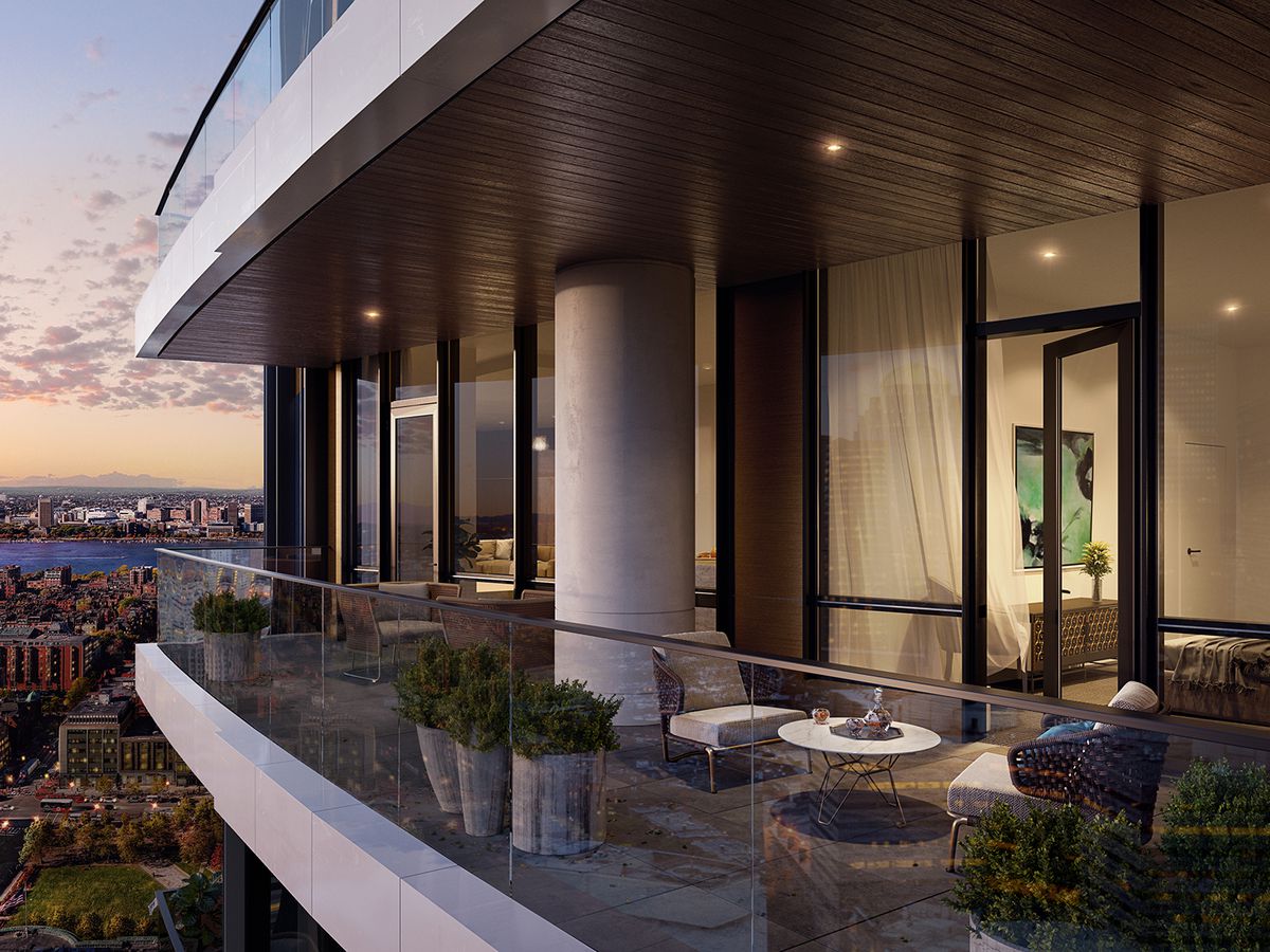 Rendering of a terrace off a high floor of a swanky hotel tower.