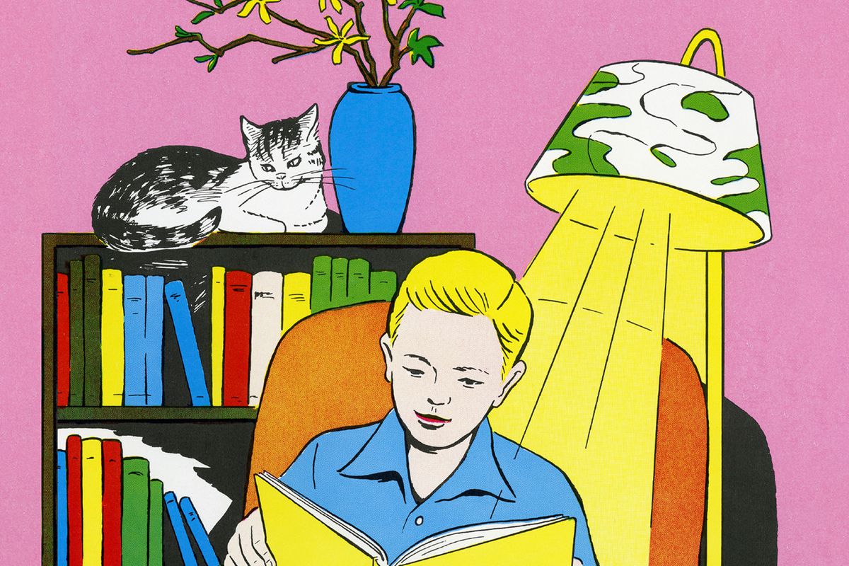A colorful illustration of a person in a cozy-looking room reading a book by the light of a lamp while a cat lounges on a shelf above, possibly also reading the book.
