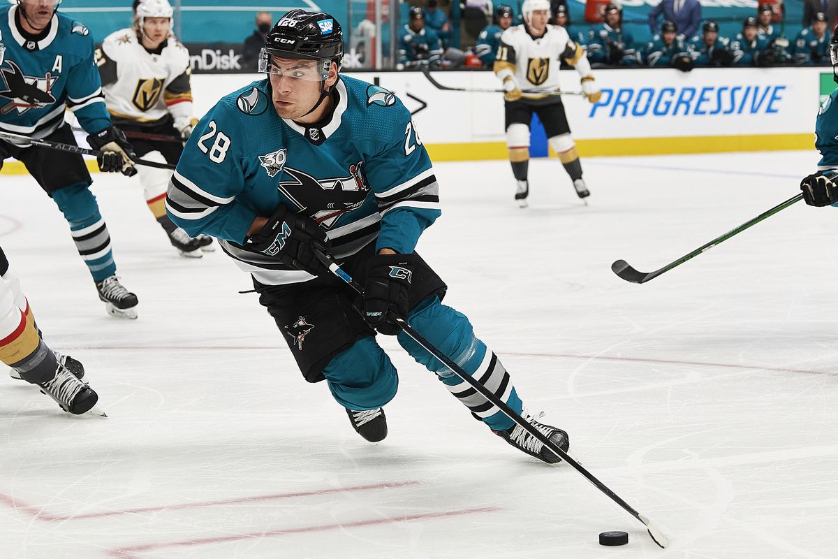 San Jose Sharks right wing Timo Meier (28) carries the puck during the San Jose Sharks game versus the Vegas Golden Knights on May 12, 2021, at SAP Center at San Jose in San Jose, CA.