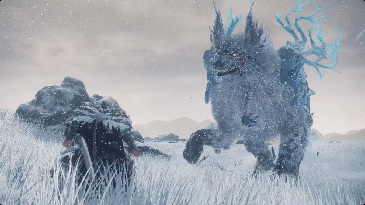 Wild Hearts hunter facing a giant frosty wolf creature