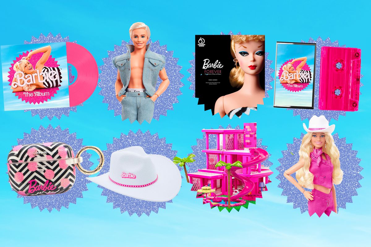 A series of Barbie gifts, against a sky blue backdrop. These include a vinyl record, book, various dolls, and airpods case, a cowboy hat, and more.