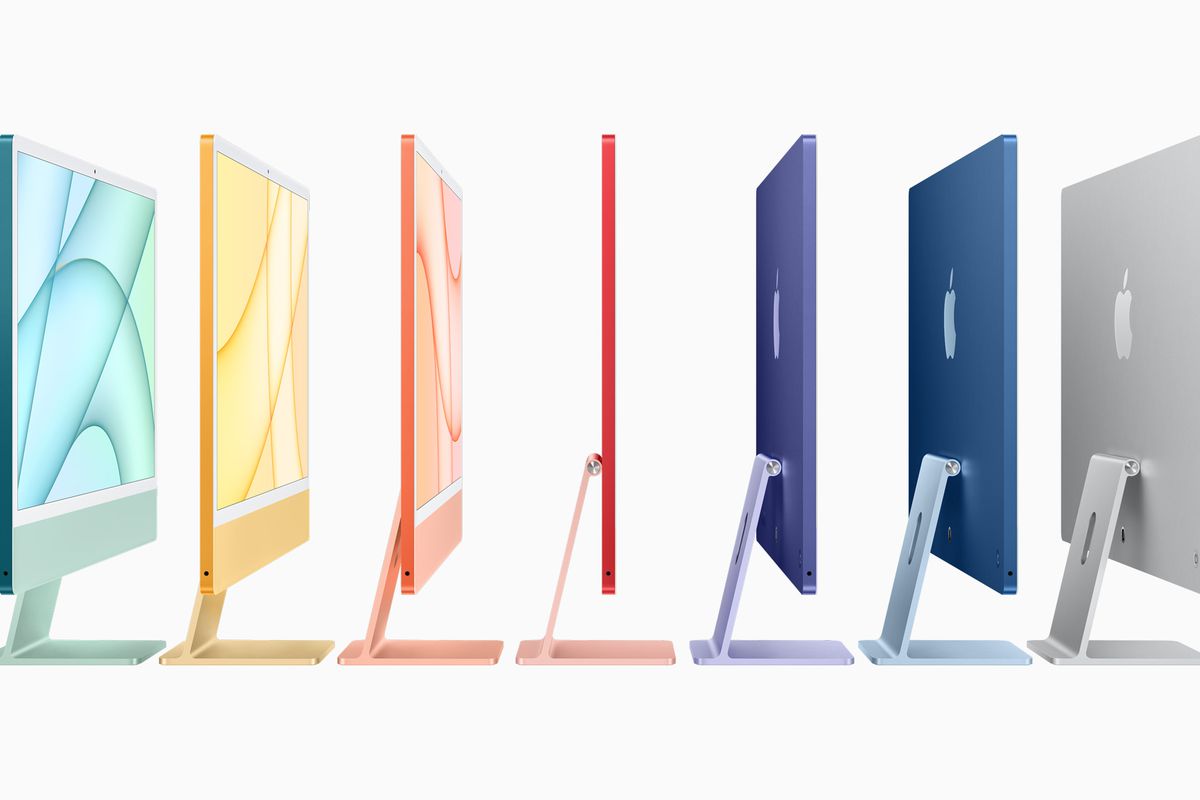 An image showing all seven colors of the new iMac: green, yellow, orange, pink, purple, blue, and silver.