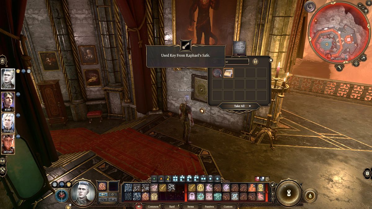 A Baldur’s Gate 3 character loots the key to Raphael’s safe in the House of Hope in BG3.