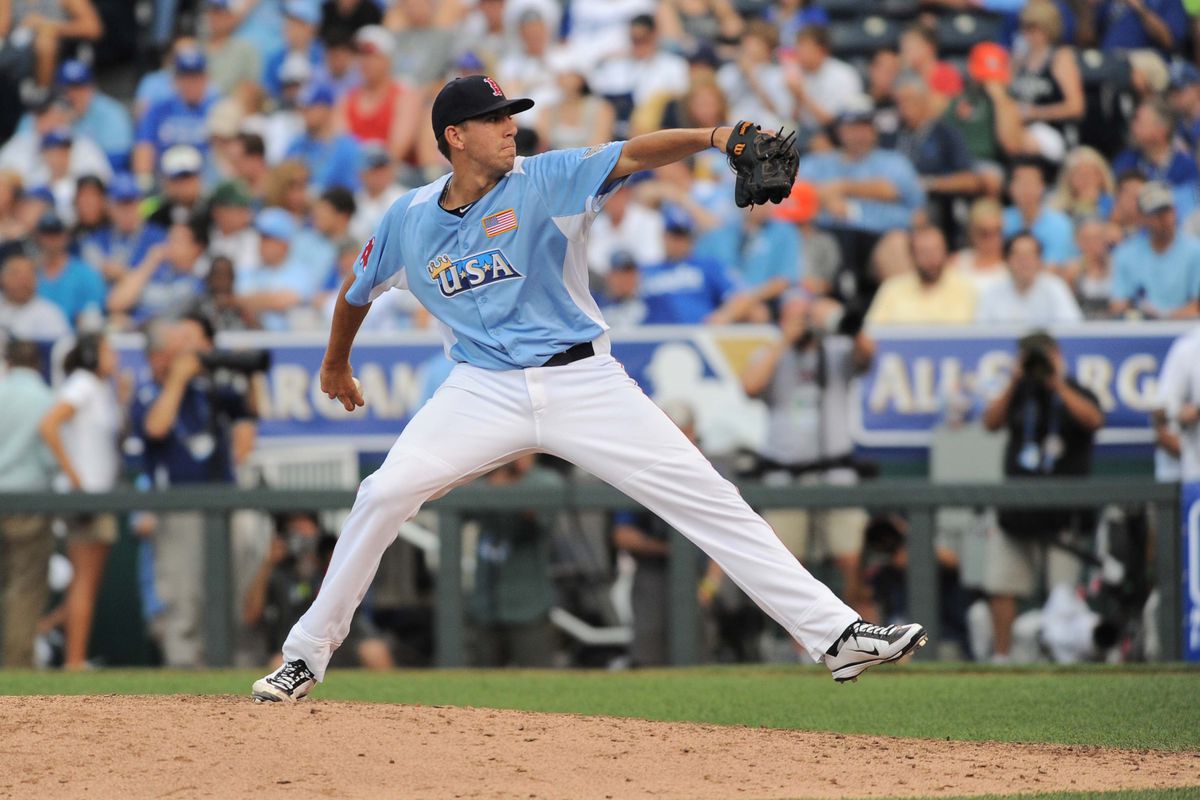 Kansas City, MO, USA; USA pitcher Matt Barnes (26) delivers a pitch in the ninth inning of the All Star Futures Game at Kauffman Stadium. Mandatory Credit: Denny Medley-US PRESSWIRE