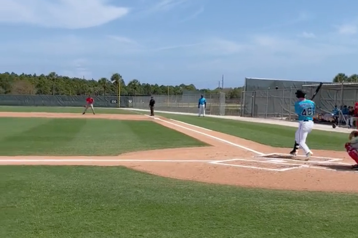 Marlins and Nationals prospects scrimmage on the backfields at Roger Dean Chevrolet Stadium on March 10, 2022