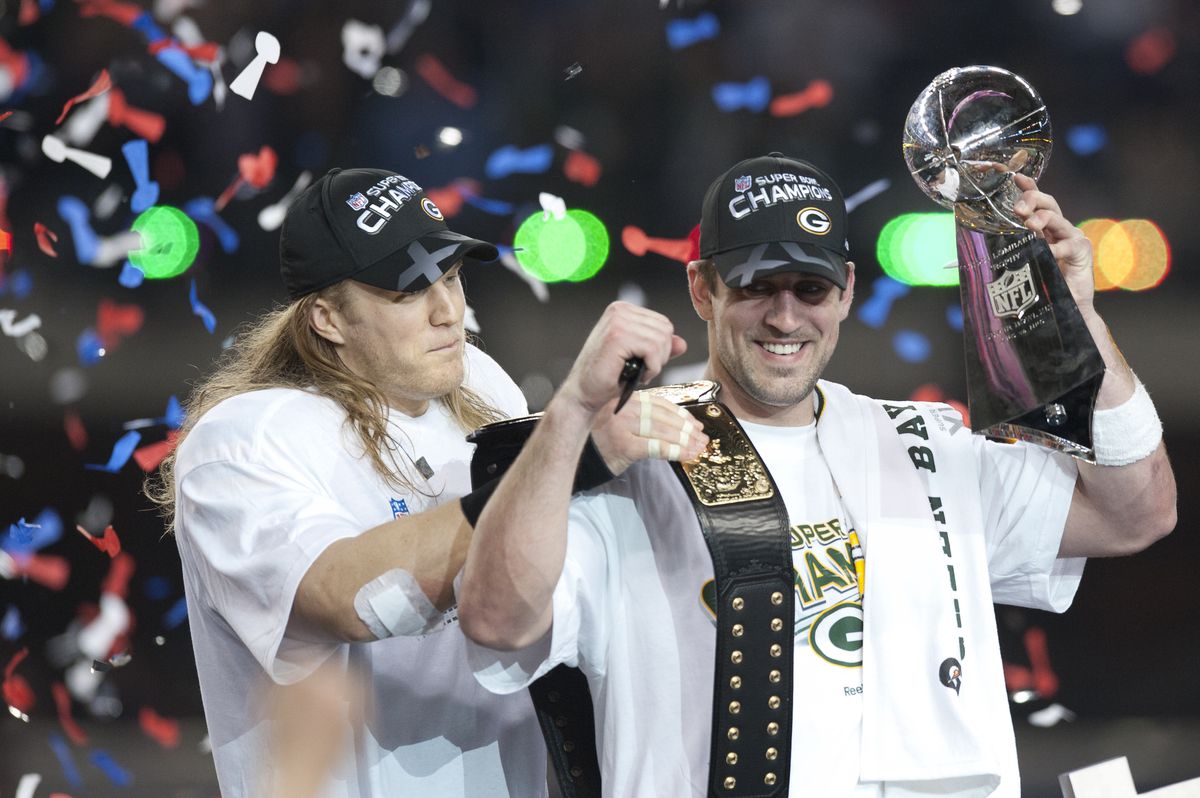 Aaron Rodgers and linebacker Clay Matthews celebrating their 2011 Super Bowl victory.