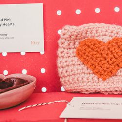 Handmade heart bowls and crochet work.