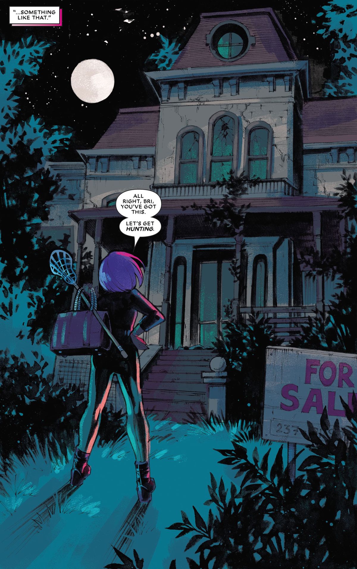 “Let's go hunting,” Brielle Brooks tells herself as she stands in front of an abandoned house, carrying her purse and lacrosse bat in Bloodline: Daughter of Blade #1 (2023). 