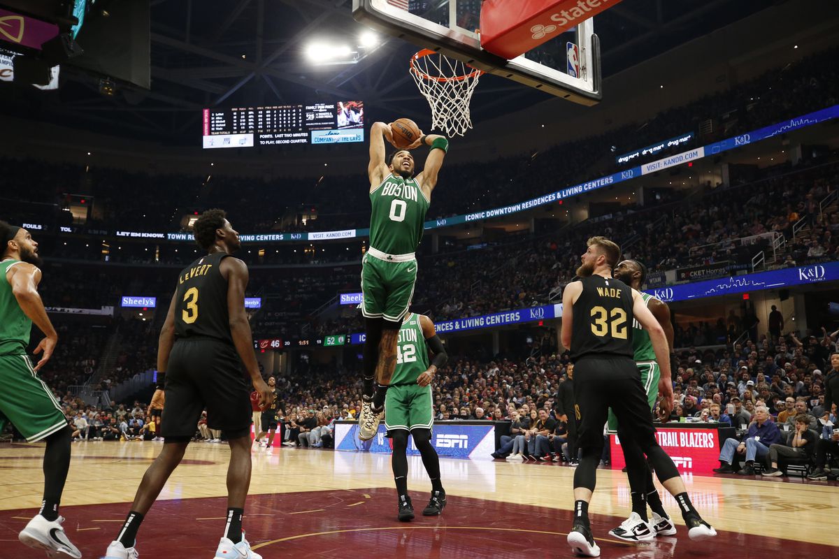 Jayson Tatum #0 of the Boston Celtics dunks the ball against the Cleveland Cavaliers on November 2, 2022 at Rocket Mortgage FieldHouse in Cleveland, Ohio.&nbsp;