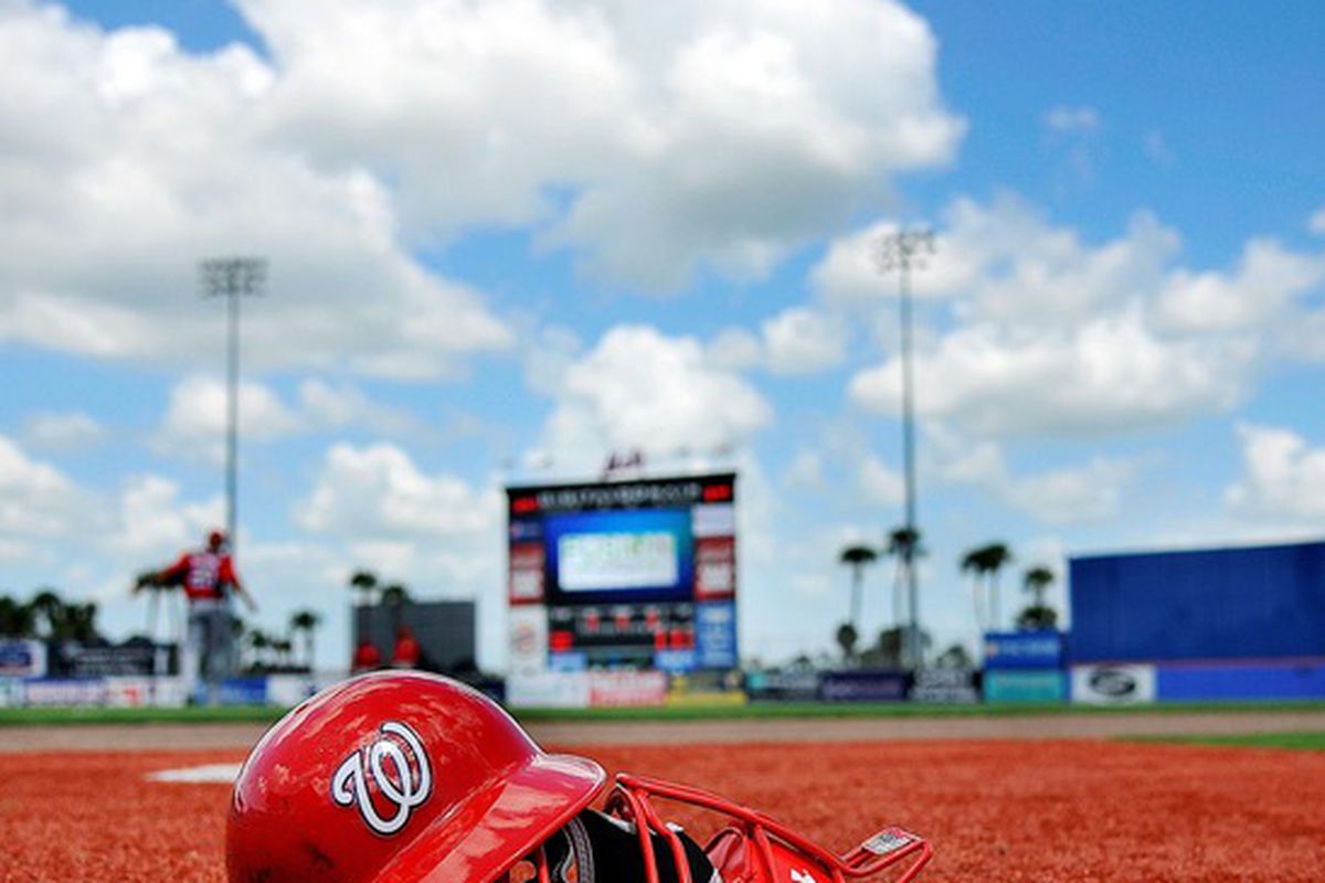 March 28, 2012; Port St Lucie, FL, USA;  A general view of a Washington Nationals catchers mask and helmet in the bullpen before a spring training game against the New York Mets at Digital Domain Park. Mandatory Credit: Brad Barr-US PRESSWIRE