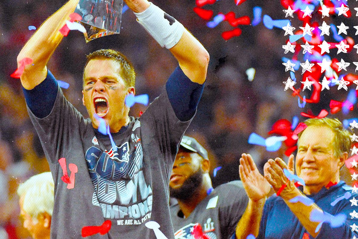 Patriots QB Tom Brady yells, holding up the Lombardi Trophy, with coach Bill Belichick clapping in the background after Super Bowl 51 win