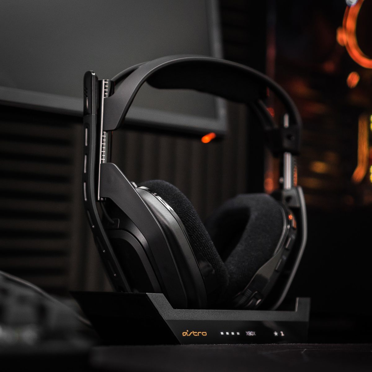 The Astro A50 for Xbox and PC shown here in its charging cradle.