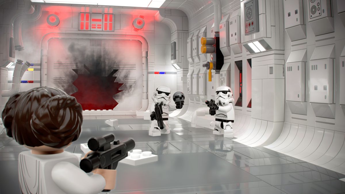 Princess Leia points a gun at two stormtroopers