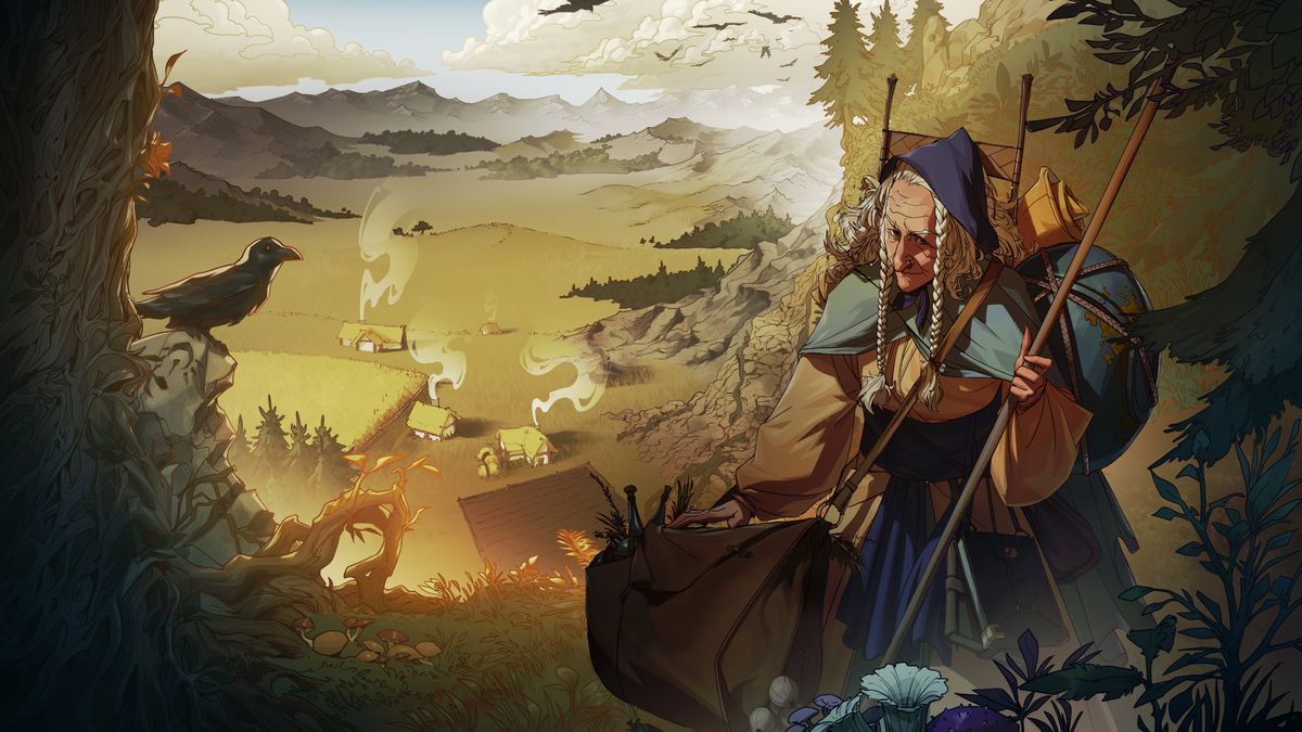 A kindly old woman carrying a staff, an shoulder bag overflowing with potions, and an external frame backpack bursting with other items. She’s walking away from a peaceful hamlet. Crows fly on the horizon.