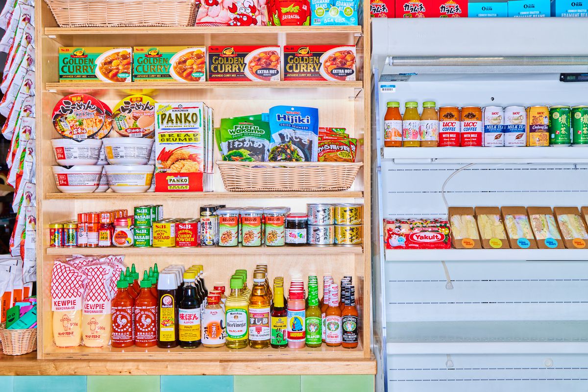 Snacks and pantry staples galore on the shelves and in the refrigerator.