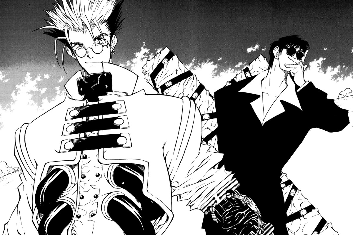 (L-R) Vash the Stampede and Nicolas D. Wolfwood as depicted in Yasuhiro Nightow’s 1998 manga Trigun Maximum.