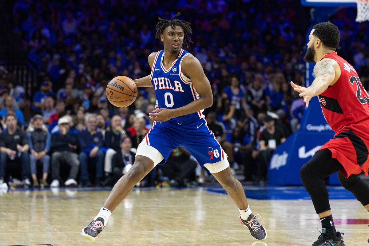 Philadelphia 76ers guard Tyrese Maxey (0) controls the ball against the Toronto Raptors during the third quarter of game one of the first round for the 2022 NBA playoffs at Wells Fargo Center