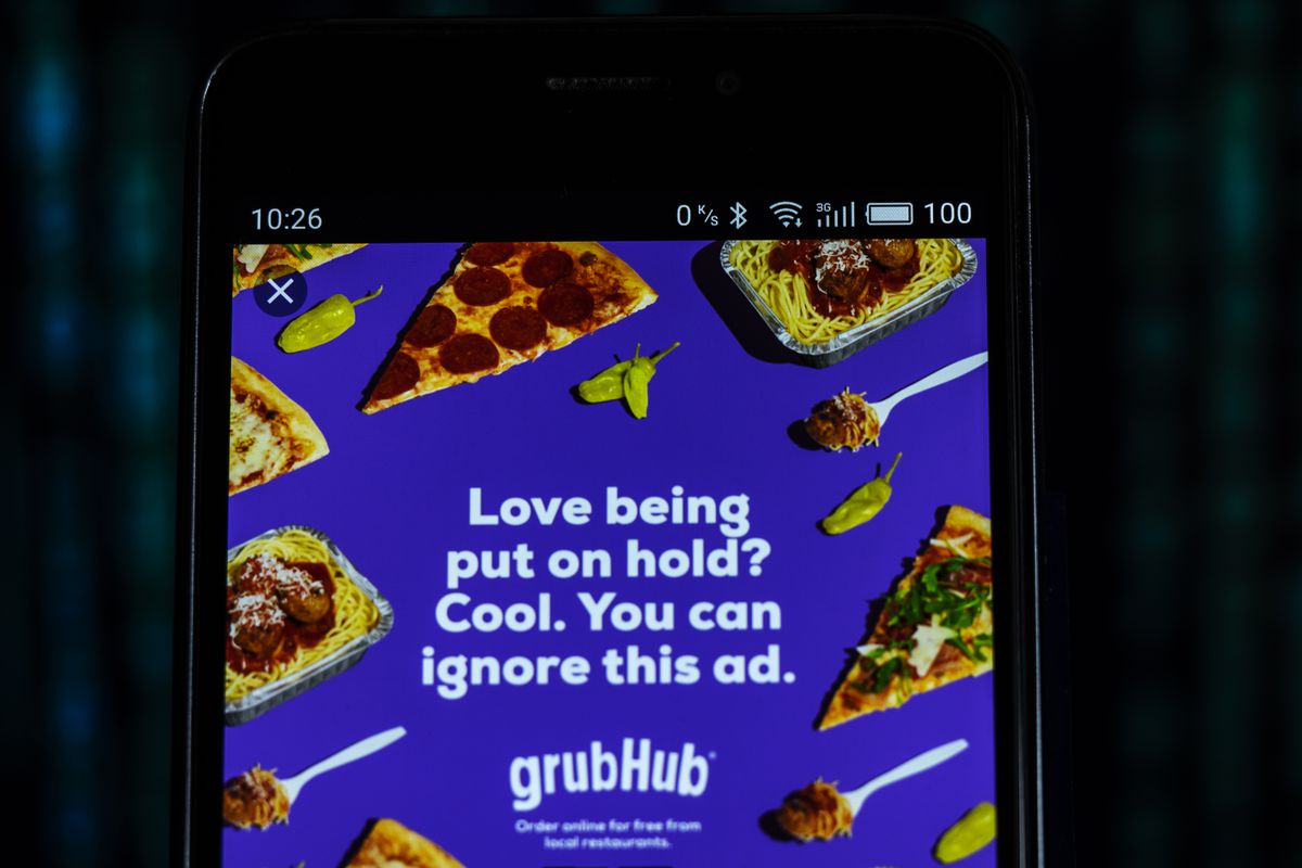 Grub Hub advertisement seen displayed on a smart phone. Grub