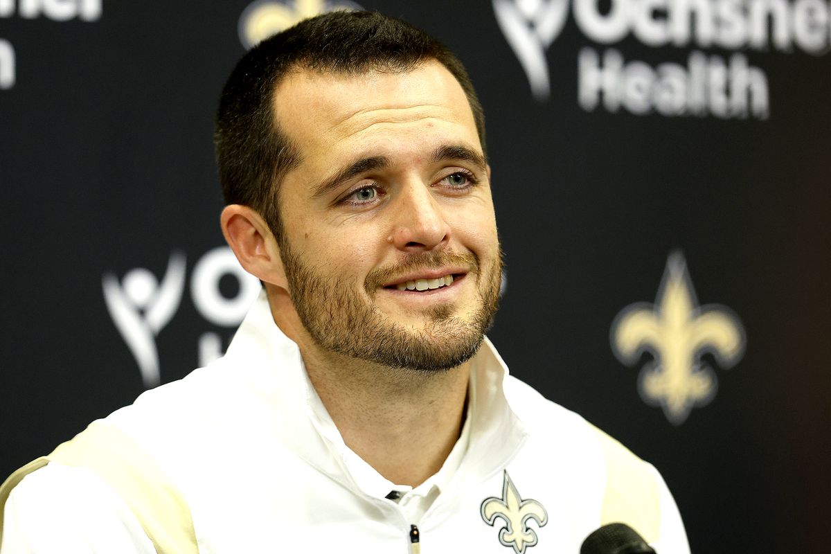 Quarterback Derek Carr of the New Orleans Saints speaks to members of the media after signing a four-year contract with the Saints at New Orleans Saints Indoor Practice Facility on March 11, 2023 in New Orleans, Louisiana.