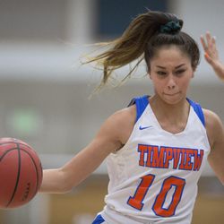 Timpview's Jasmine Espinoza take the ball down the court during Timpview's 56-49 win over Skyline in the Class 5A state semifinals at Salt Lake Community College in Taylorsville on Friday, Feb. 23, 2018.