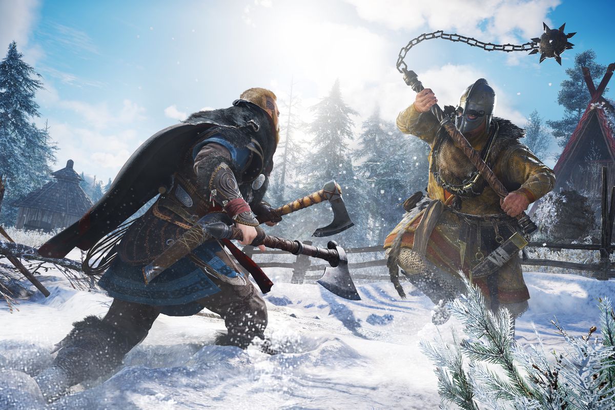 Viking raider Eivor battles an enemy warrior in a snowy setting from Assassin’s Creed Valhalla