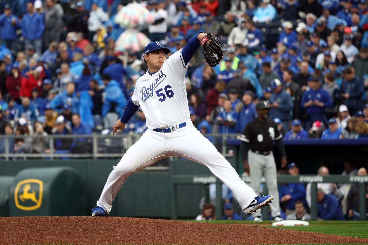 Starting pitcher Brad Keller #56 of the Kansas City Royals throws the first pitch during the opening day game against the Chicago White Sox at Kauffman Stadium on March 28, 2019 in Kansas City, Missouri.