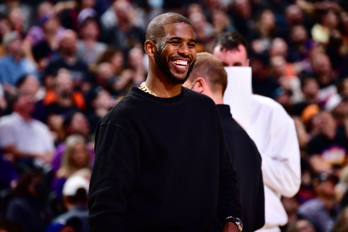 Chris Paul #3 of the Phoenix Suns smiles during the game against the Portland Trail Blazers on March 2, 2022 at Footprint Center in Phoenix, Arizona.