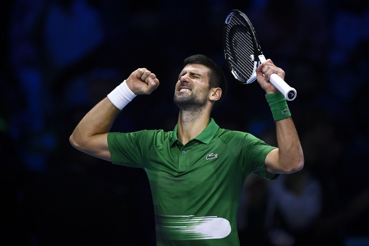 Novak Djokovic of Serbia celebrates the victory at the end of his round robin match against Stefanos Tsitsipas of Greece during day two of the Nitto ATP Finals. Novak Djokovic won the match 6-4, 7-6(4).
