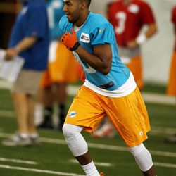 Jul 22, 2013; Davie, FL, USA;  Miami Dolphins wide receiver Brandon Gibson (10) during  training camp at the Doctors Hospital Training Facility at Nova Southeastern University.