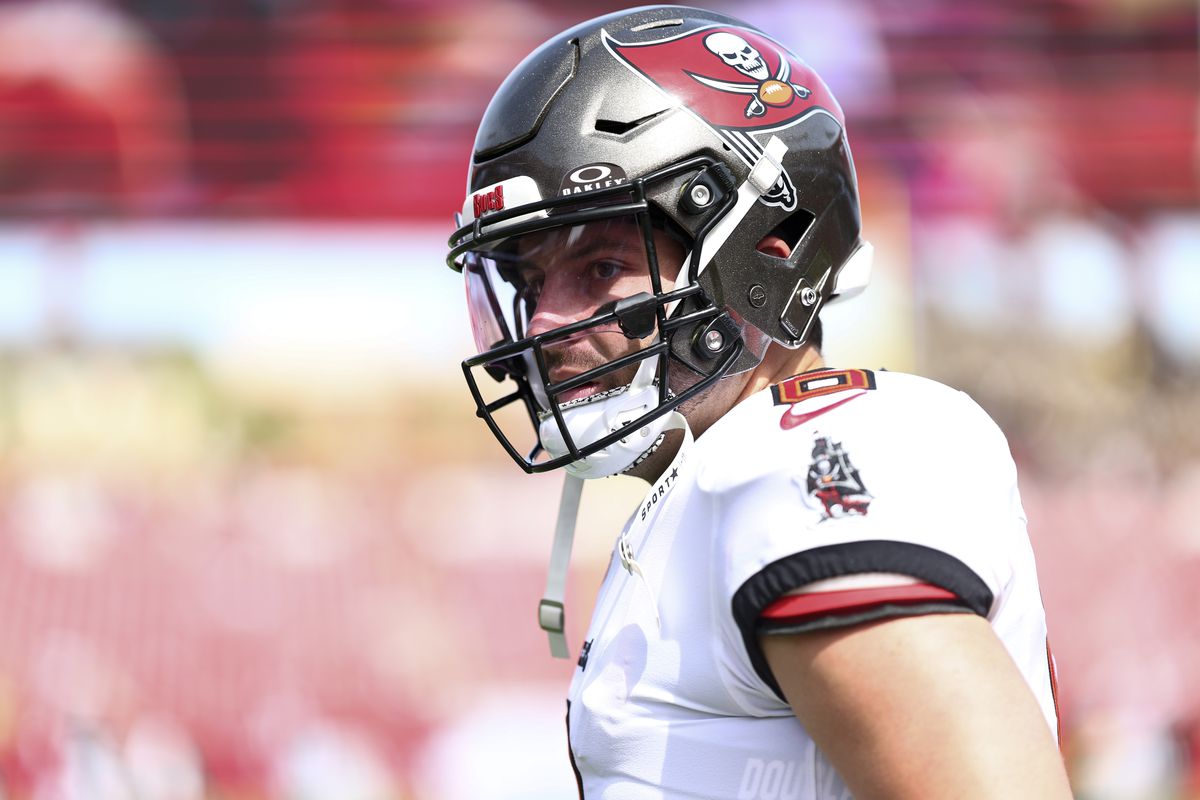 Baker Mayfield #6 of the Tampa Bay Buccaneers warms up prior to an NFL football game against the Atlanta Falcons at Raymond James Stadium on October 22, 2023 in Tampa, Florida.