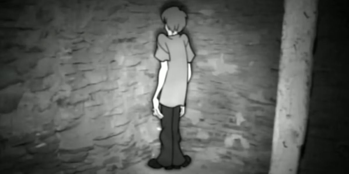 A black-and-white image of Shaggy from The Scooby-Doo Project.