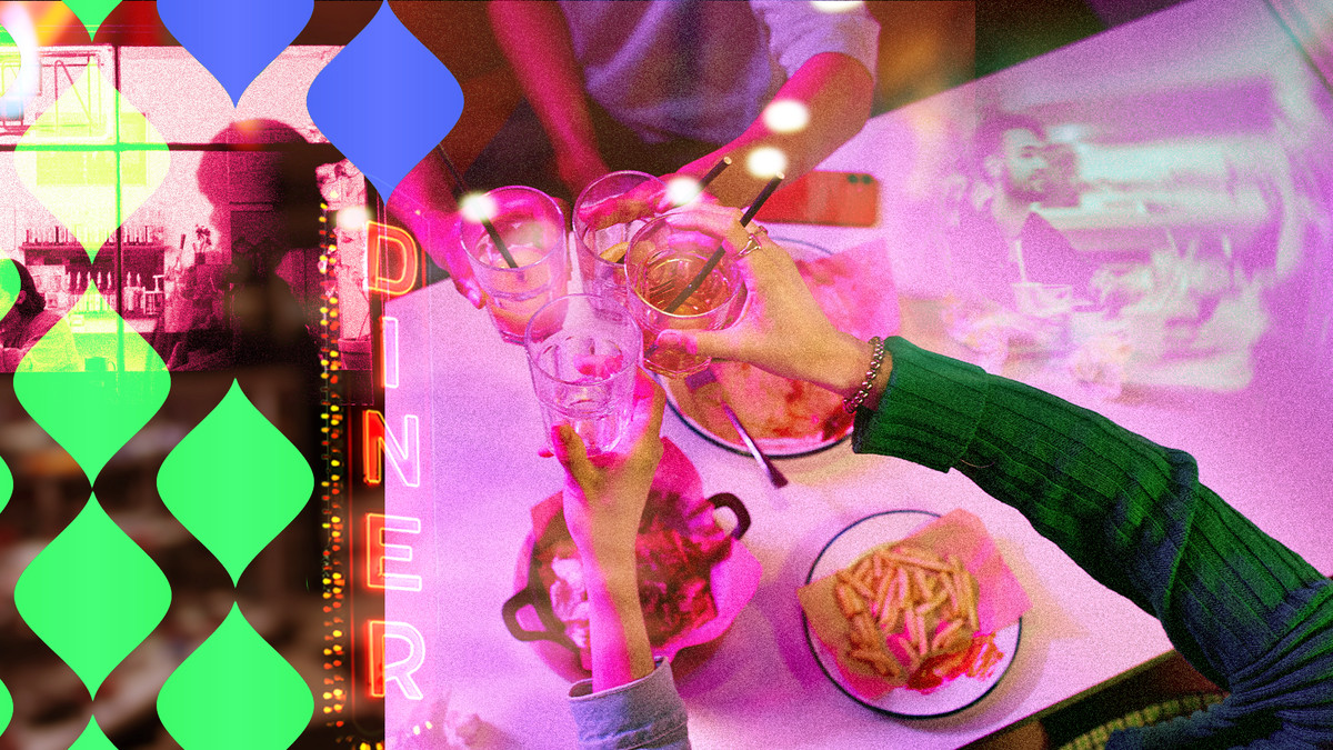 An illustration featuring photos toned with purple and curved diamond elements. A group of people raise glasses over plates of french fries.