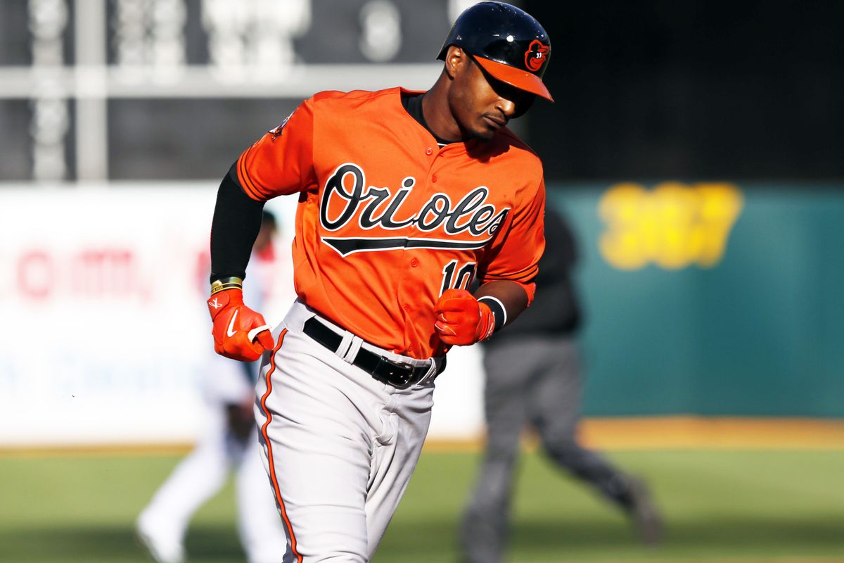 Adam Jones rounds the bases after hitting a three-run home run in the first inning against Jason Hammel.