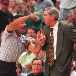 Jerry Sloan gets a technical foul during Game 6 of the NBA Finals at the Delta Center, June 14, 1998.