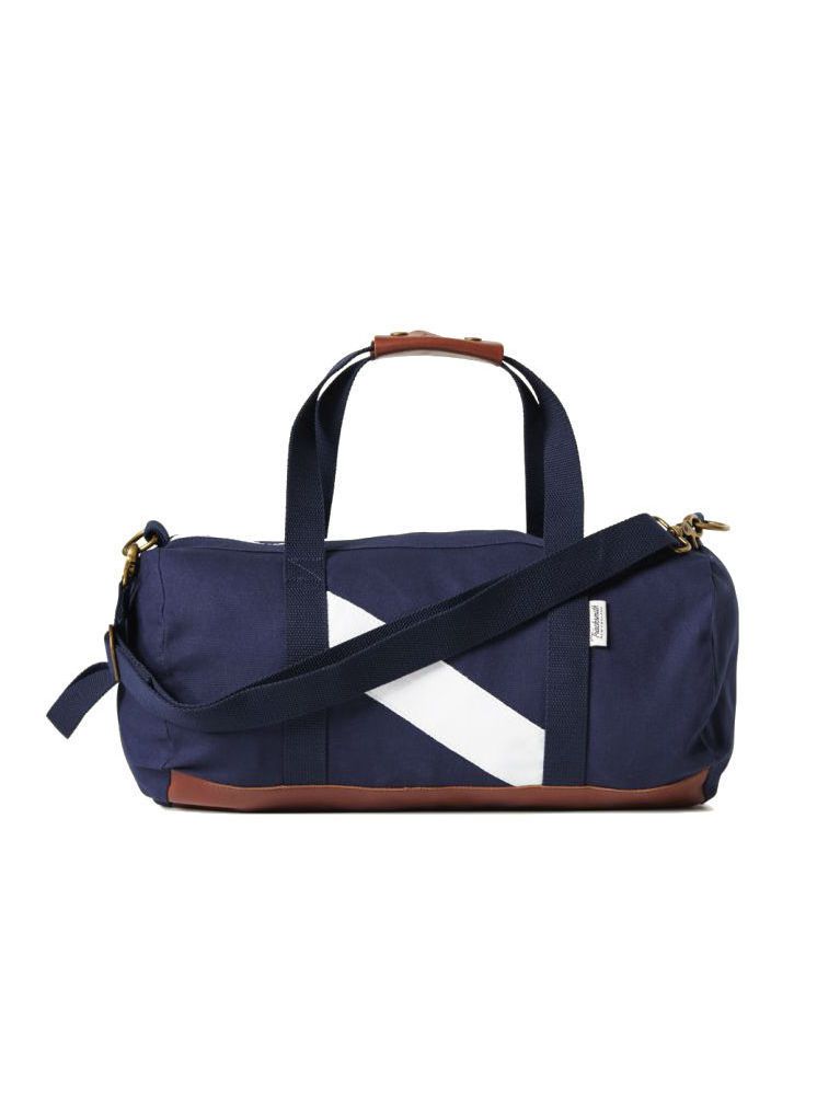 A navy canvas duffle bag